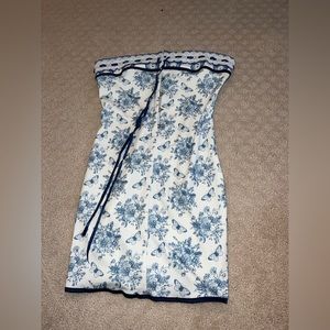 Blue and white strapless mini dress